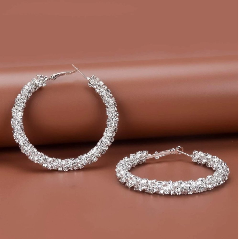 Rhinestone Decor Hoop Earrings Silver Jewelry New